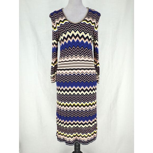 Etcetera Sweater Dress Womens Medium Beige Blue Chevron Lined Stretch Pullover - Picture 1 of 13